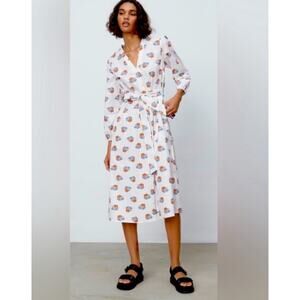 Zara Midi Shirt Dress Poplin Belted Floral White Preppy Career Pockets Size S